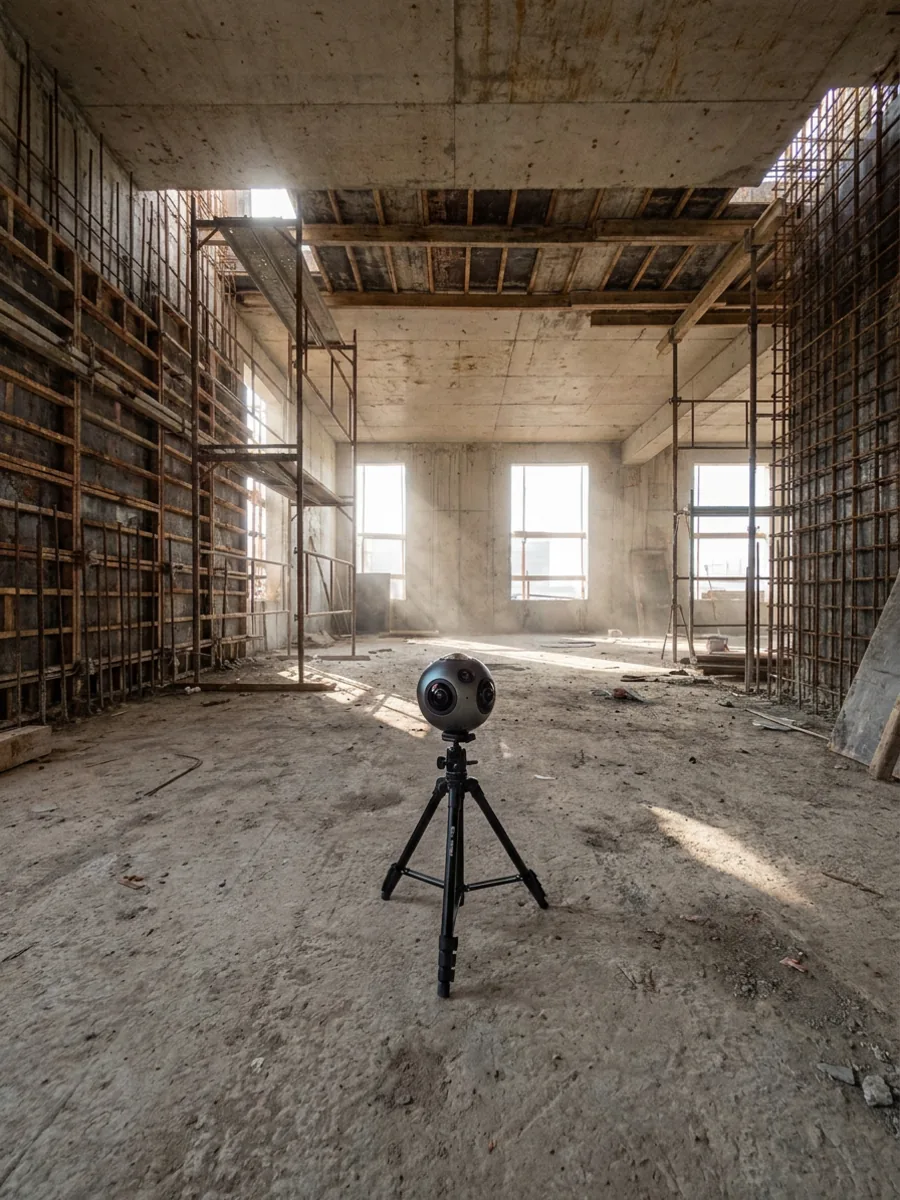 360°-Kamera auf einem Stativ im Rohbau