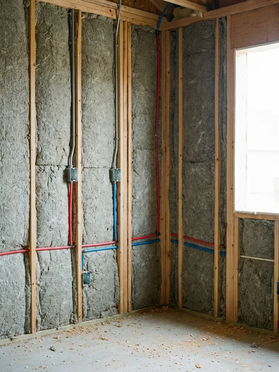 Offene Wand mit Elektroleitungen und Sanitärrohren vor dem Verschließen