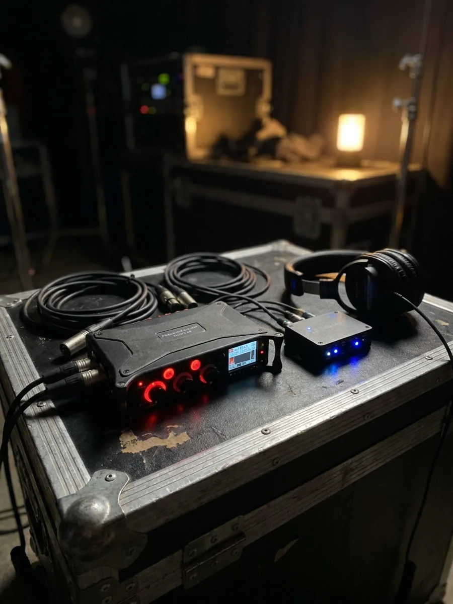 Tonrecorder mit Timecode-Box und Kabeln auf einem Flightcase